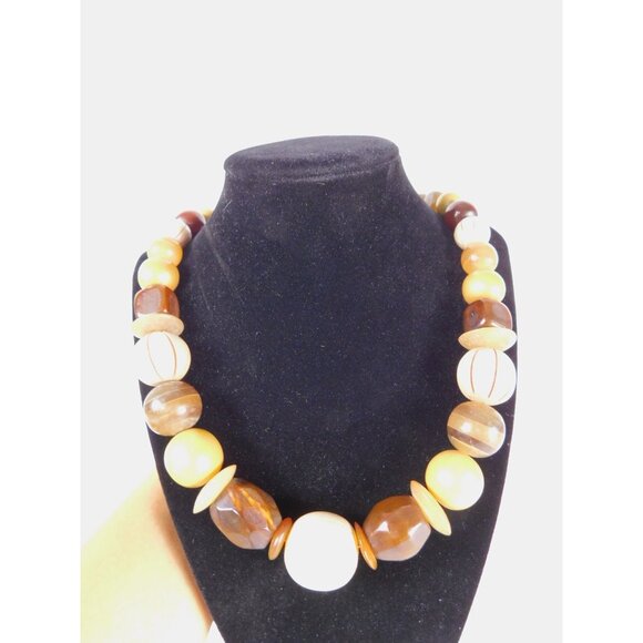 Vintage Chunky Bead Necklace Brown Cream Gold Oversized Statement Retro Jewelry - Picture 2 of 9